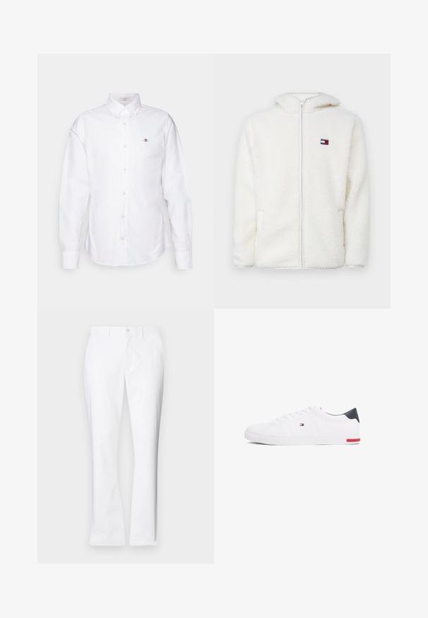 Felpa bianca con zip in pile, dal texture morbido, con cappuccio e tasche laterali. Piccolo logo sul lato sinistro del petto. Chiusura a zip liscia.; Camicia bianca button-up in cotone. Presenta un colletto a punta, maniche lunghe e bottoni color beige chiaro. Piccolo logo ricamato sul petto.; Pantaloni di cotone bianchi con un design a gamba dritta, tasche frontali, chiusura con un bottone e una texture liscia.; Sneakers bianchi a punta bassa realizzati in pelle liscia. Presentano una tomaia blu navy sul tallone e un accento rosso sulla suola. Sei occhielli per i lacci.