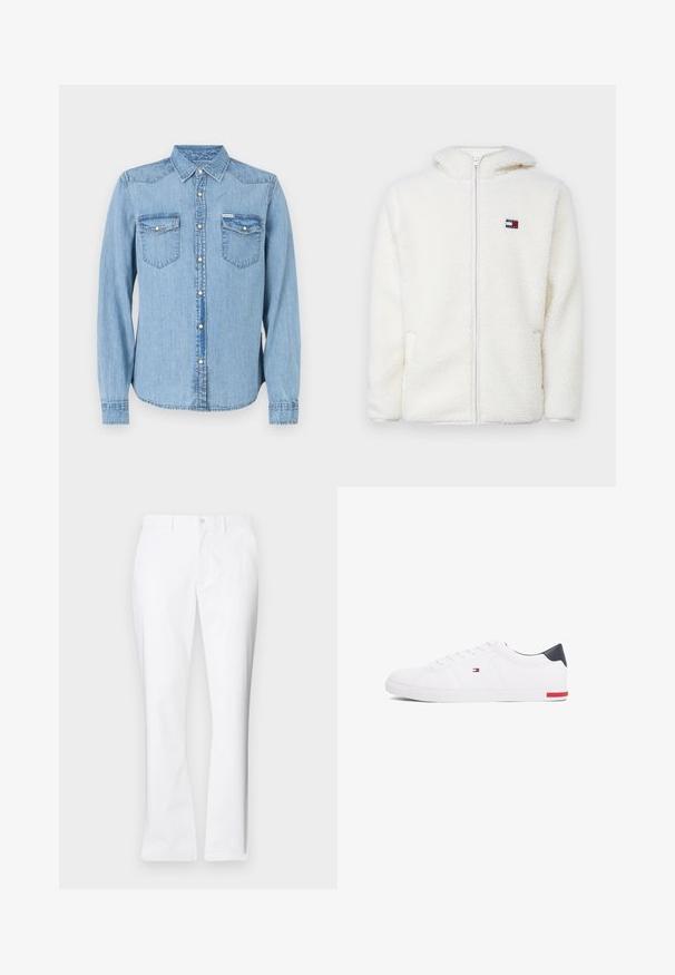 Fehér bolyhos zipzáras kapucnis pulóver, puha tapintással, kapucnival és oldalsó zsebekkel. Kis logó a bal mellen. Sima zipzáras záródás.; Világoskék farmering hosszú ujjakkal, hegyes gallérral és pattintós gombos záródással. Két mellzsebbe zsebfedőkkel. Egyenes szabású.; Fehér pamut nadrág egyenes szabású, elülső zsebekkel, egy gombos záródással és sima textúrával.; Fehér alacsony szárú sneaker sima bőrből. Tengerészkék sarokvédővel és piros díszítéssel a talpon. Hat fűzőlyuk a fűzők számára.