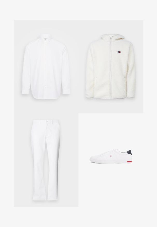 Felpa bianca con zip in pile, dal texture morbido, con cappuccio e tasche laterali. Piccolo logo sul lato sinistro del petto. Chiusura a zip liscia.; Camicia bianca a maniche lunghe con bottoni in cotone, dotata di colletto classico, chiusura con bottoni e orlo arrotondato. Texture liscia e uniforme.; Pantaloni di cotone bianchi con un design a gamba dritta, tasche frontali, chiusura con un bottone e una texture liscia.; Sneakers bianchi a punta bassa realizzati in pelle liscia. Presentano una tomaia blu navy sul tallone e un accento rosso sulla suola. Sei occhielli per i lacci.