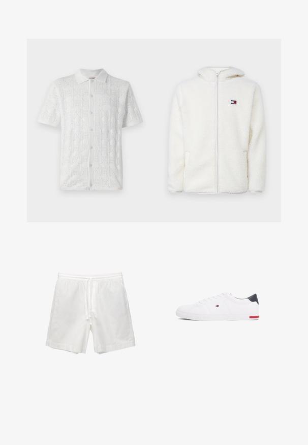 Hvid fleece zip-up hættejakke med en blød tekstur, der har en hætte og sidelommer. Lille logo på venstre bryst. Glat lynlås lukning.; Hvid kortærmet skjorte med et struktureret rutenetmønster og små perforeringer, med krave og fem frontknapper.; Hvide bomuldsbukser med elastisk talje og snøre, sidelommer og lige snit med færdige kanter.; Hvide low-top sneakers lavet af glat læder. Har en marineblå hælkappe og en rød detalje på sålen. Seks snørehuller.
