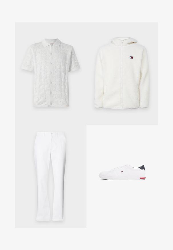 Biała polarowa bluza z zamkiem, o miękkiej fakturze, z kapturem i bocznymi kieszeniami. Małe logo na lewej piersi. Gładkie zapięcie na zamek.; Biała koszula z krótkim rękawem o teksturowanym wzorze w kratkę i małych perforacjach, z kołnierzykiem i pięcioma guzikami z przodu.; Białe bawełniane spodnie o prostym kroju, z przednimi kieszeniami, pojedynczym zapięciem na guzik oraz gładką fakturą.; Białe niskie tenisówki wykonane z gładkiej skóry. Posiadają granatowy zapiętek i czerwony akcent na podeszwie. Sześć oczek na sznurowadła.