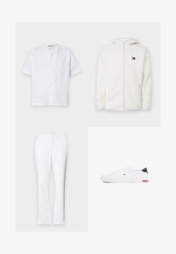 Biała polarowa bluza z zamkiem, o miękkiej fakturze, z kapturem i bocznymi kieszeniami. Małe logo na lewej piersi. Gładkie zapięcie na zamek.; Biała koszula z krótkim rękawem, wykonana z lekkiego lnu, z kołnierzem typu camp oraz zapinana na guzik z dekoracyjnymi guzikami.; Białe bawełniane spodnie o prostym kroju, z przednimi kieszeniami, pojedynczym zapięciem na guzik oraz gładką fakturą.; Białe niskie tenisówki wykonane z gładkiej skóry. Posiadają granatowy zapiętek i czerwony akcent na podeszwie. Sześć oczek na sznurowadła.