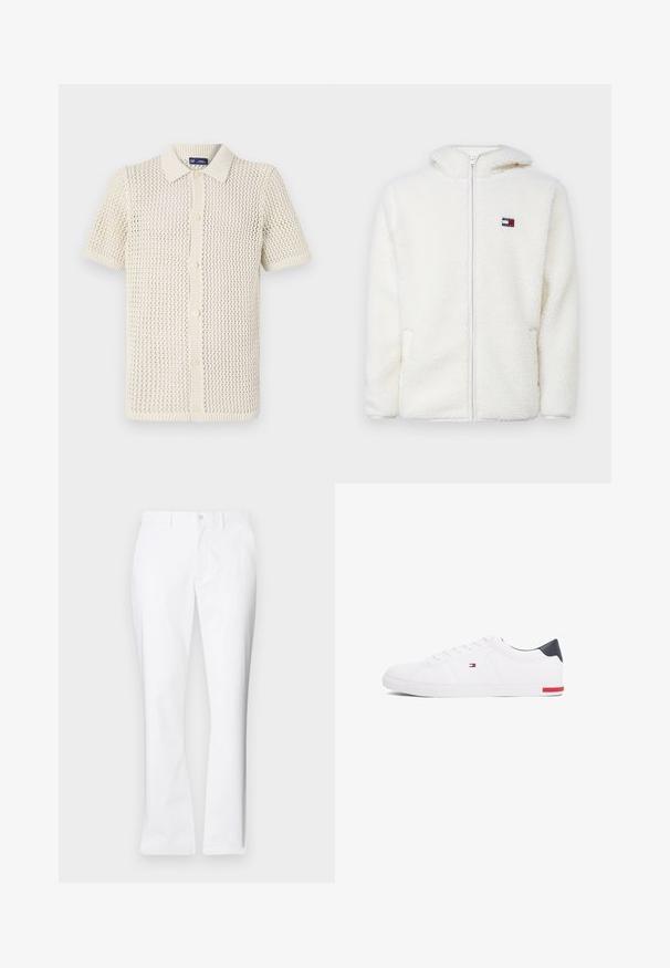 Weißer Fleece-Zip-Hoodie mit weicher Textur, ausgestattet mit einer Kapuze und seitlichen Taschen. Kleines Logo auf der linken Brust. Glatte Reißverschlussöffnung.; Kurzärmliges, kragenloses Strickoberteil in Creme mit einem strukturierten, offenen Gewebemuster. Fünf-knopf-Verschluss mit gerippten Kanten.; Weiße Baumwollhose mit geradem Bein, vorderen Taschen, einem einzigen Knopfverschluss und einer glatten Textur.; Weißes Low-Top-Sneaker aus glattem Leder. Mit einem marineblauen Fersenstück und einem roten Akzent an der Sohle. Sechs Ösen für die Schnürsenkel.