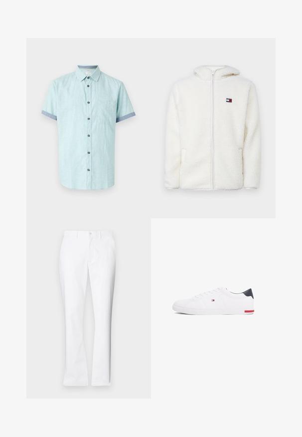 Balta pūkų zip-up gobtuvu, su minkšta tekstūra, turinčiu gobtuvą ir šonines kišenes. Mažas logotipas kairėje krūtinės pusėje. Lygus užtrauktukas.; Šviesiai mėlynas, trumpomis rankovėmis, lino mišinio marškinys, turintis krūtinės kišenę, tamsias sagas ir kontrastingus mėlynus rankogalius.; Balti medvilniniai kelnių su tiesiu pjūviu, priekinėmis kišenėmis, vieno mygtuko uždarymu ir lygiu paviršiumi.; Balti žemi kedai, pagaminti iš lygios odos. Yra tamsiai mėlynas kulno užsegimas ir raudona detalė ant pado. Šešios skylutės raišteliams.