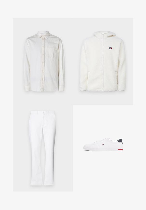 Felpa bianca con zip in pile, dal texture morbido, con cappuccio e tasche laterali. Piccolo logo sul lato sinistro del petto. Chiusura a zip liscia.; Camicia bianca a maniche lunghe realizzata in tessuto testurizzato, con colletto a punta, taschino frontale e chiusure a bottone lungo la patta e sui polsini.; Pantaloni di cotone bianchi con un design a gamba dritta, tasche frontali, chiusura con un bottone e una texture liscia.; Sneakers bianchi a punta bassa realizzati in pelle liscia. Presentano una tomaia blu navy sul tallone e un accento rosso sulla suola. Sei occhielli per i lacci.