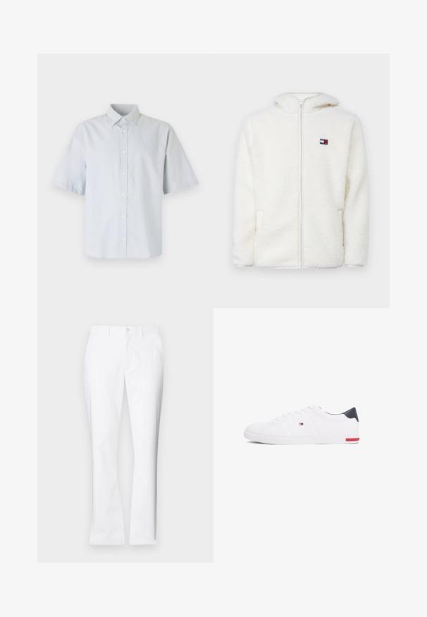 White fleece zip-up hoodie with a soft texture, featuring a hood and side pockets. Small logo on the left chest. Smooth zip closure.; Light blue short-sleeve button-up shirt, made of cotton, featuring a classic collar, front placket with buttons, and a relaxed fit.; White cotton trousers with a straight-leg design, front pockets, a single button closure, and a smooth texture.; White low-top sneakers made of smooth leather. Features a navy heel cap and a red accent on the sole. Six eyelets for laces.