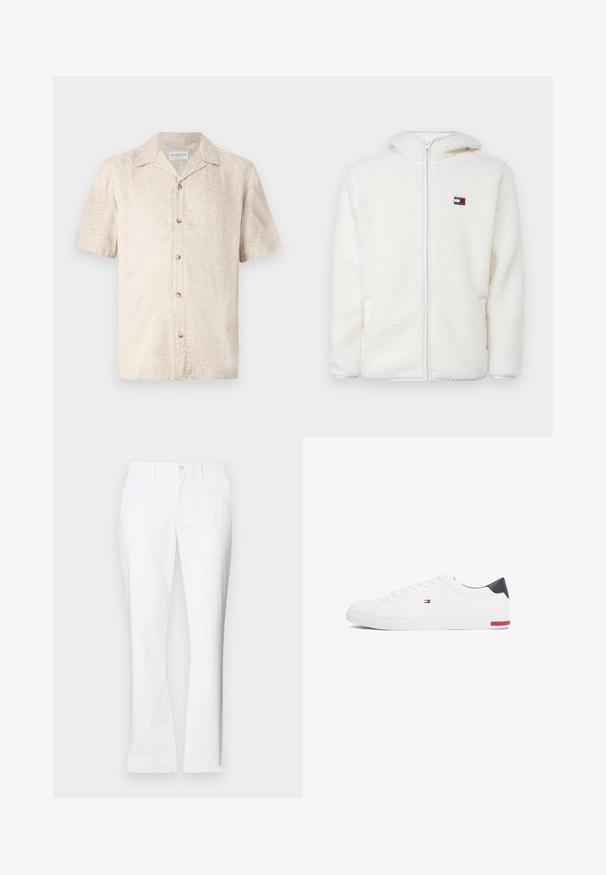 Bijela dukserica sa patentnim zatvaračem od flisa s mekom teksturom, koja ima kapuljaču i bočne džepove. Mali logo na lijevoj strani prsnog koša. Glatko zatvaranje s patentnim zatvaračem.; Kratki rukav, bež košulja s suptilnim cvjetnim uzorkom i pet gumba sprijeda, izrađena od lagane tkanine.; Bijele pamučne hlače ravnog kroja, s prednjim džepovima, jednim gumbom za zatvaranje i glatkom teksturom.; Bijele niske tenisice od glatke kože. Imaju mornarsko plavi kapica na peti i crvenu akciju na potplatu. Šest rupica za vezivanje.