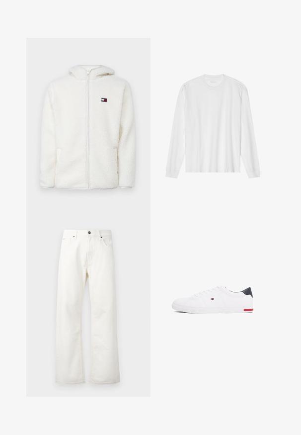 Balts vilnas rāvējslēdzēja kapu, kas ir mīksta un patīkama tekstūra, ar kapuci un sānu kabatām. Mazs logo kreisajā krūtīs. Gluda rāvējslēdzēja aizdare.; Garas piedurkņu balta kokvilnas T-kreklu ar apaļu kakla izgriezumu un ribotām aprocēm. Vienkāršs, neizpušķots dizains ar gludu tekstūru un standarta piegriezumu.; Baltas platās džinsus izgatavoti no džinsa auduma, ar standarta jostasvietu, priekšējām kabatām un pogu aizdari. Tekstūrēta auduma ar tīru apdari.; Baltas zemu topu sporta apavus, kas izgatavoti no gludas ādas. Satura tumši zilu papēža daļu un sarkanu akcentu uz zoles. Seši caurumi šņorēm.