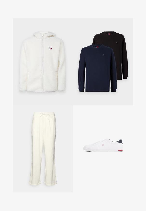 Witte fleece zip-up hoodie met een zachte textuur, voorzien van een capuchon en zijzakken. Klein logo op de linkerkant van de borst. Glad rits sluiting.; Tommy Jeans SLIM 2 PACK - Longsleeve - black/dark night navy; Linnen broek in gebroken wit met een trekkoord in de taille, iets wijde pijpen en opgerolde manchetten voor een relaxte pasvorm. Geen zakken.; Witte lage sneakers gemaakt van glad leer. Beschikt over een marineblauwe hielkap en een rode accent op de zool. Zes oogjes voor veters.