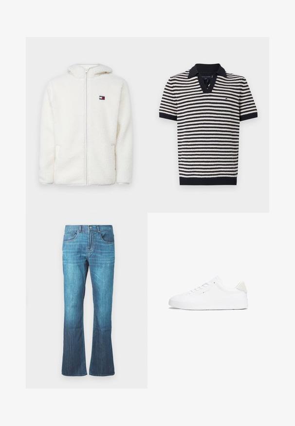 Weißer Fleece-Zip-Hoodie mit weicher Textur, ausgestattet mit einer Kapuze und seitlichen Taschen. Kleines Logo auf der linken Brust. Glatte Reißverschlussöffnung.; Gestreiftes kurzärmeliges Poloshirt in Marineblau und Creme, mit V-Ausschnitt, geripptem Kragen und Logodetail auf der Brust. Strukturierter Strickstoff.; Mitternachtsblaue Waschung Jeans mit leichtem Ausschlag am Saum, klassisches Fünf-Taschen-Design und vorderem Knopf- und Reißverschluss.; Weiße Sneaker mit einem Obermaterial aus glattem Leder, runder Zehenpartie, flacher Sohle und minimalistischem Design. Verfügt über dezentes Branding und einen beigen Akzent an der Ferse.