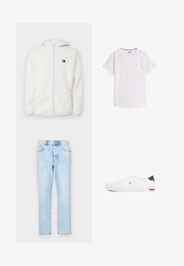 Biely fleecový zipsový mikina s jemnou textúrou, s kapucňou a bočnými vreckami. Malé logo na ľavej hrudi. Hladký zipsový uzáver.; Biele tričko s krátkym rukávom a okrúhlym výstrihom, s malým logom Tommy Hilfiger na hrudi a lemom vo farbách červenej, bielej a modrej vo vnútri goliera.; Svetlomodré džínsy s rovným strihom, s vyblednutou textúrou a tradičným dizajnom piatich vreciek. Predný zips a uzáver na gombík.; Biele nízkoprevádzkové tenisky vyrobené z hladkej kože. Majú námornícke zadočnú časť a červený akcent na podrážke. Šesť dierok na šnúrky.