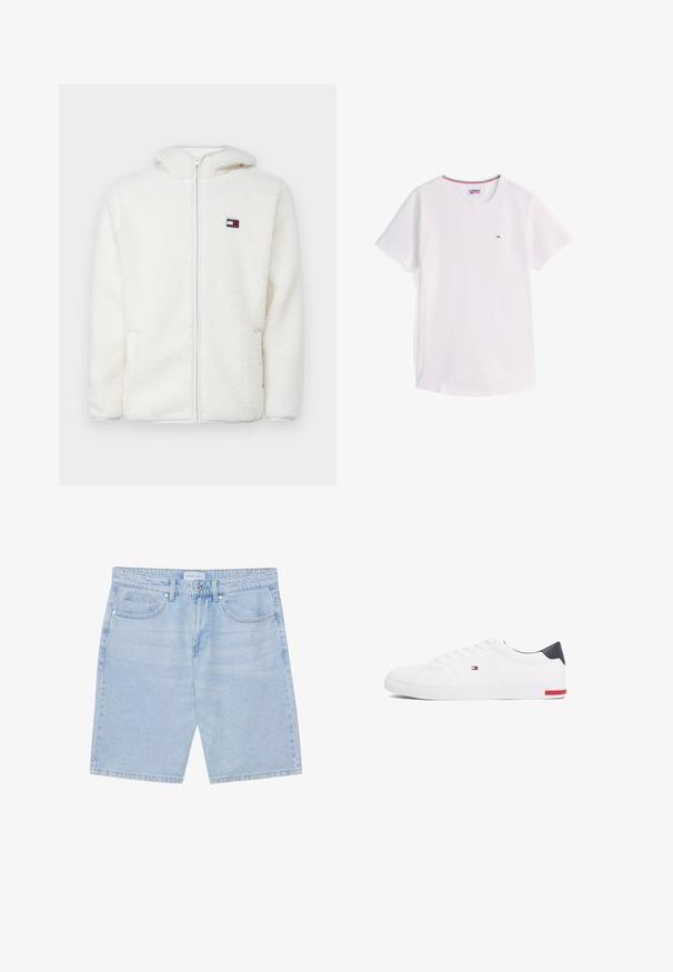 Felpa bianca con zip in pile, dal texture morbido, con cappuccio e tasche laterali. Piccolo logo sul lato sinistro del petto. Chiusura a zip liscia.; T-shirt bianca a maniche corte con scollo a girocollo, piccolo logo Tommy Hilfiger sul petto e rifinitura interna del colletto nei colori rosso, bianco e blu.; Shorts in denim azzurro chiaro con taglio dritto, dotati di tasche frontali, chiusura con bottone e rifinitura sbiadita. Design classico a cinque tasche.; Sneakers bianchi a punta bassa realizzati in pelle liscia. Presentano una tomaia blu navy sul tallone e un accento rosso sulla suola. Sei occhielli per i lacci.