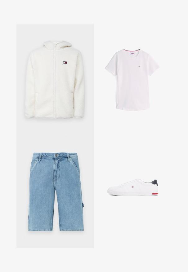 Biely fleecový zipsový mikina s jemnou textúrou, s kapucňou a bočnými vreckami. Malé logo na ľavej hrudi. Hladký zipsový uzáver.; Biele tričko s krátkym rukávom a okrúhlym výstrihom, s malým logom Tommy Hilfiger na hrudi a lemom vo farbách červenej, bielej a modrej vo vnútri goliera.; Svetlomodré džínsy s rovnými nohavicami, so prednými vreckami a bočným cargo vreckom, s vyblednutou textúrou a pútkami na opasok.; Biele nízkoprevádzkové tenisky vyrobené z hladkej kože. Majú námornícke zadočnú časť a červený akcent na podrážke. Šesť dierok na šnúrky.