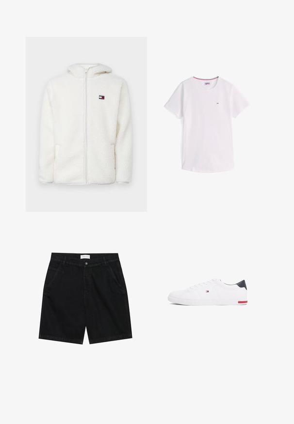 Bela flis zip-up kapuca z mehkim teksturama, ki vključuje kapuco in stranske žepe. Majhna znamka na levem prsnem delu. Gladek zadrgo.; Tommy Jeans CLASSIC C NECK - Navadna majica - white; Črne denim kratke hlače s klasičnim krojem, ki imajo dva sprednja žepa, zapiranje na gumb in oznako na pasu. Grob material.; Beli nizki športni čevlji iz gladkega usnja. Imajo mornarsko modro zaščito na peti in rdeč poudarek na podplatu. Šest lukenj za vezalke.