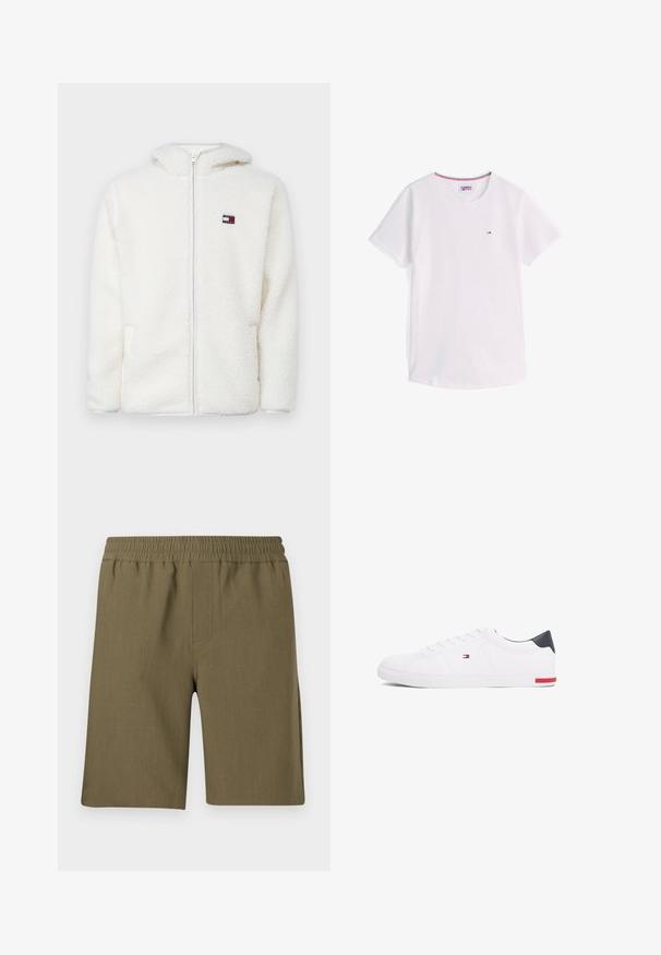 Weißer Fleece-Zip-Hoodie mit weicher Textur, ausgestattet mit einer Kapuze und seitlichen Taschen. Kleines Logo auf der linken Brust. Glatte Reißverschlussöffnung.; Weißes T-Shirt mit kurzen Ärmeln und Rundhalsausschnitt, mit kleinem Tommy Hilfiger-Logo auf der Brust und rotem, weißem und blauem Besatz im Kragen innen.; Samsøe Samsøe SMITH - Shorts - four leaf clover; Weißes Low-Top-Sneaker aus glattem Leder. Mit einem marineblauen Fersenstück und einem roten Akzent an der Sohle. Sechs Ösen für die Schnürsenkel.