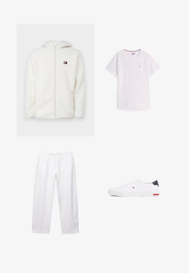 Biała polarowa bluza z zamkiem, o miękkiej fakturze, z kapturem i bocznymi kieszeniami. Małe logo na lewej piersi. Gładkie zapięcie na zamek.; Biała koszulka z krótkim rękawem i okrągłym dekoltem, z małym logo Tommy Hilfiger na piersi oraz czerwono-biało-niebieskim wykończeniem wewnątrz kołnierzyka.; Białe, luźne spodnie wykonane z lekkiego materiału. Posiadają elastyczny pas ze sznurkiem oraz dwie boczne kieszenie.; Białe niskie tenisówki wykonane z gładkiej skóry. Posiadają granatowy zapiętek i czerwony akcent na podeszwie. Sześć oczek na sznurowadła.