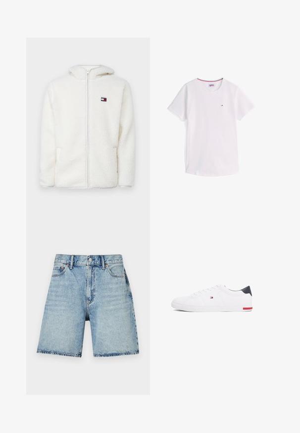 Sêda branca com fecho éclair, com uma textura suave, apresentando capuz e bolsos laterais. Pequeno logótipo no lado esquerdo do peito. Fecho éclair suave.; T-shirt branca de manga curta com decote redondo e pequeno logótipo Tommy Hilfiger no peito, com acabamento em vermelho, branco e azul no interior da gola.; Shorts de ganga azul claro com corte reto, cinco bolsos e costuras visíveis. Apresenta fecho de botão na parte da frente.; Sapatilhas brancas de cano baixo feitas de couro liso. Apresentam um bico azul-marinho e um detalhe vermelho na sola. Seis ilhoses para os atacadores.