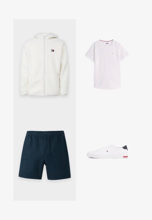 Bela flis zip-up kapuca z mehkim teksturama, ki vključuje kapuco in stranske žepe. Majhna znamka na levem prsnem delu. Gladek zadrgo.; Bela kratka majica z okroglim izrezom in kratkimi rokavi, z majhnim logotipom Tommy Hilfiger na prsih ter rdečim, belim in modrim trakom znotraj ovratnika.; Temno modri šorti z teksturiranim, tkanim dizajnom. Elastičen pas z gumbom in brez žepov. Primerni za sproščeno nošenje.; Beli nizki športni čevlji iz gladkega usnja. Imajo mornarsko modro zaščito na peti in rdeč poudarek na podplatu. Šest lukenj za vezalke.