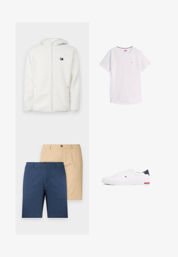Felpa bianca con zip in pile, dal texture morbido, con cappuccio e tasche laterali. Piccolo logo sul lato sinistro del petto. Chiusura a zip liscia.; T-shirt bianca a maniche corte con scollo a girocollo, piccolo logo Tommy Hilfiger sul petto e rifinitura interna del colletto nei colori rosso, bianco e blu.; Due paia di pantaloni corti: uno blu navy e uno beige. Realizzati in tessuto morbido, presentano chiusure a bottoni e un design a taglio dritto.; Sneakers bianchi a punta bassa realizzati in pelle liscia. Presentano una tomaia blu navy sul tallone e un accento rosso sulla suola. Sei occhielli per i lacci.