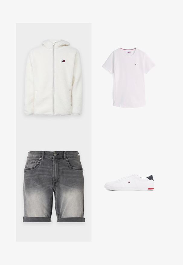 Sêda branca com fecho éclair, com uma textura suave, apresentando capuz e bolsos laterais. Pequeno logótipo no lado esquerdo do peito. Fecho éclair suave.; T-shirt branca de manga curta com decote redondo e pequeno logótipo Tommy Hilfiger no peito, com acabamento em vermelho, branco e azul no interior da gola.; Calções de ganga em preto desbotado com bainha dobrada, apresentando cinco bolsos e leve desgaste na parte da frente. Fecho clássico de botão.; Sapatilhas brancas de cano baixo feitas de couro liso. Apresentam um bico azul-marinho e um detalhe vermelho na sola. Seis ilhoses para os atacadores.