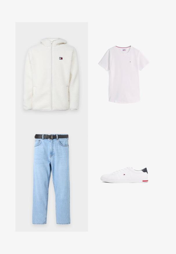 Bijela dukserica sa patentnim zatvaračem od flisa s mekom teksturom, koja ima kapuljaču i bočne džepove. Mali logo na lijevoj strani prsnog koša. Glatko zatvaranje s patentnim zatvaračem.; Bijela majica kratkih rukava s okruglim izrezom i malim logotipom Tommy Hilfiger na prsima te obrubom u crvenoj, bijeloj i plavoj boji unutar ovratnika.; Svijetloplave traperice s ravnim krojem. Sadrže crni pojas sa srebrnom kopčom, vidljivim šavovima i klasičnim pet džepnim stilom.; Bijele niske tenisice od glatke kože. Imaju mornarsko plavi kapica na peti i crvenu akciju na potplatu. Šest rupica za vezivanje.