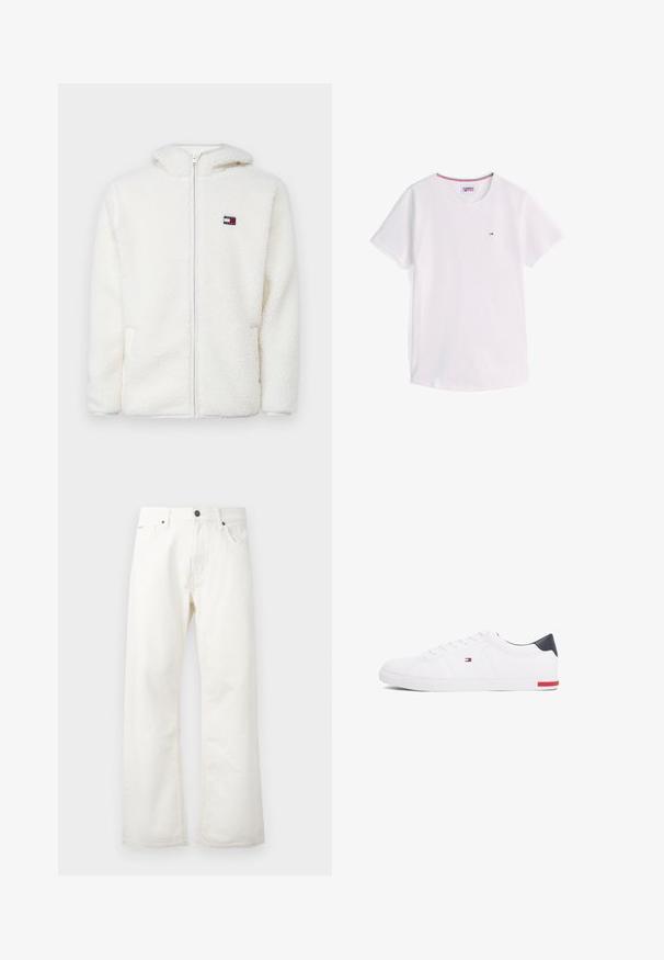 Hanorac alb din fleece, cu fermoar, având o textură moale, cu glugă și buzunare laterale. Logo mic pe pieptul stâng. Închidere cu fermoar neted.; Tricou alb cu mânecă scurtă și guler rotund, cu logo mic Tommy Hilfiger pe piept și margine roșie, albă și albastră în interiorul gulerului.; Jeanși albi evazați din denim, cu un talie standard, buzunare frontale și închidere cu nasture. Țesătură texturată cu un finisaj curat.; Adidași albi cu vârf jos, din piele netedă. Prezintă un toc albastru marine și un accent roșu pe talpă. Șase gauri pentru șireturi.