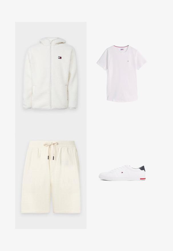 Sweat à capuche zippé en polaire blanche avec une texture douce, doté d'une capuche et de poches latérales. Petit logo sur la poitrine gauche. Fermeture éclair lisse.; T-shirt blanc à manches courtes et col rond avec petit logo Tommy Hilfiger sur la poitrine et bordure rouge, blanche et bleue à l'intérieur du col.; Shorts de couleur crème en tissu texturé avec un motif à carreaux. Équipés d'une taille élastique avec un cordon de serrage et de deux poches latérales.; Baskets basses blanches en cuir lisse. Dotées d'un talon en bleu marine et d'un accent rouge sur la semelle. Six œillets pour les lacets.