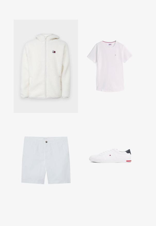 White fleece zip-up hoodie with a soft texture, featuring a hood and side pockets. Small logo on the left chest. Smooth zip closure.; White short-sleeve crew neck T-shirt with small Tommy Hilfiger logo on chest and red, white, and blue trim inside collar.; White cotton shorts featuring a front button closure, two side pockets, and a straight cut. Brand label "Pier One" at the waistband.; White low-top sneakers made of smooth leather. Features a navy heel cap and a red accent on the sole. Six eyelets for laces.