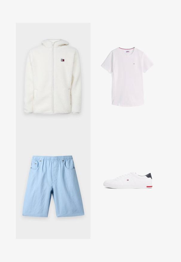 Weißer Fleece-Zip-Hoodie mit weicher Textur, ausgestattet mit einer Kapuze und seitlichen Taschen. Kleines Logo auf der linken Brust. Glatte Reißverschlussöffnung.; Weißes T-Shirt mit kurzen Ärmeln und Rundhalsausschnitt, mit kleinem Tommy Hilfiger-Logo auf der Brust und rotem, weißem und blauem Besatz im Kragen innen.; Helle blaue Shorts mit einem elastischen Bund, zwei Vordertaschen und einer glatten Textur. Aus einem weichen Stoff gefertigt, geeignet für die Freizeit.; Weißes Low-Top-Sneaker aus glattem Leder. Mit einem marineblauen Fersenstück und einem roten Akzent an der Sohle. Sechs Ösen für die Schnürsenkel.