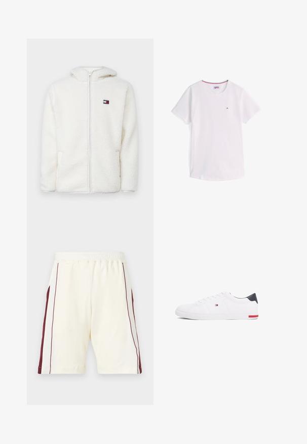 Λευκό φλις hoodie με φερμουάρ και απαλή υφή, διαθέτοντας κουκούλα και πλαϊνές τσέπες. Μικρό λογότυπο στο αριστερό στήθος. Απαλή κλείσιμο με φερμουάρ.; Λευκό κοντομάνικο T-shirt με στρογγυλή λαιμόκοψη, μικρό λογότυπο Tommy Hilfiger στο στήθος και κόκκινο, λευκό και μπλε τελείωμα στο εσωτερικό του γιακά.; Ανοιχτόχρωμες κρέμες σορτς με ελαστική μέση, με μπαρούτινες πλευρικές λωρίδες και λεία υφή, με προδιαγραφές στα πόδια.; Λευκά χαμηλά αθλητικά παπούτσια από λείο δέρμα. Διαθέτουν ναυτική φάσα στη φτέρνα και κόκκινη λεπτομέρεια στη σόλα. Έχουν έξι θηλιές για κορδόνια.