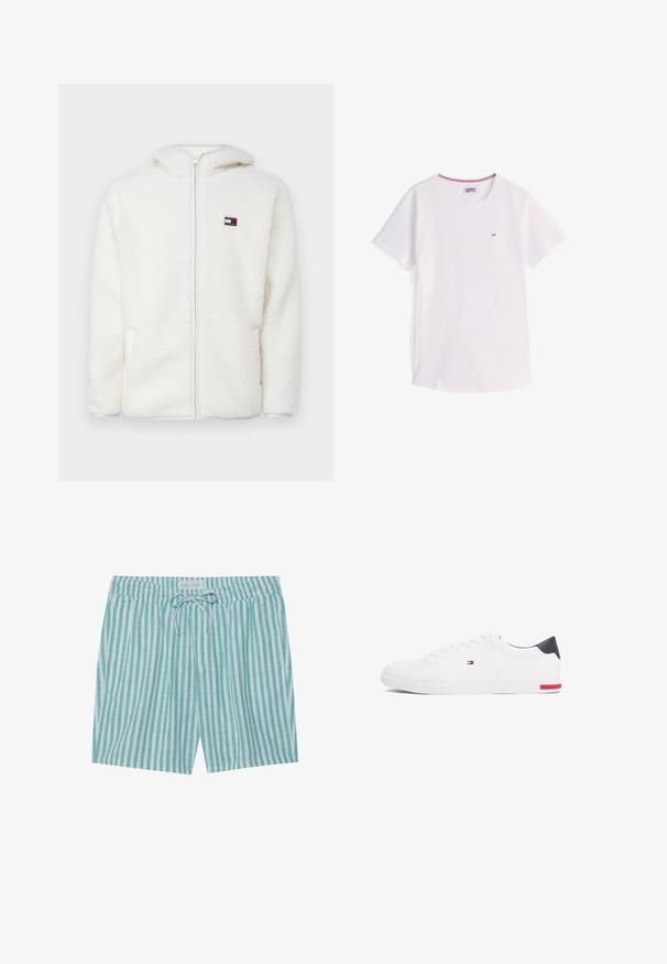 Weißer Fleece-Zip-Hoodie mit weicher Textur, ausgestattet mit einer Kapuze und seitlichen Taschen. Kleines Logo auf der linken Brust. Glatte Reißverschlussöffnung.; Weißes T-Shirt mit kurzen Ärmeln und Rundhalsausschnitt, mit kleinem Tommy Hilfiger-Logo auf der Brust und rotem, weißem und blauem Besatz im Kragen innen.; Gestreifte Badeshorts in Hellgrün und Weiß. Verfügt über einen elastischen Bund, eine Kordelzugschließe und seitliche Taschen. Hergestellt aus leichtem Stoff.; Weißes Low-Top-Sneaker aus glattem Leder. Mit einem marineblauen Fersenstück und einem roten Akzent an der Sohle. Sechs Ösen für die Schnürsenkel.