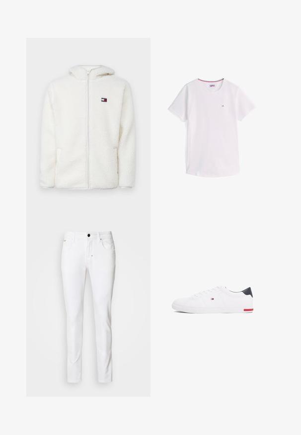 Valge fliist kapuutsiga jaki siredas tekstuuris, mis sisaldab kapuutsi ja küljetaskuid. Väike logo vasakul rinnal. Sile lukuga sulgemine.; Valge lühikeste varrukatega ümar-kaelusega T-särk, millel on väikene Tommy Hilfigeri logo rinnal ning krae sees punane, valge ja sinine ääris.; Valged teksased, mis omavad sirge jalaga disaini, klassikalist viie tasku stiili, metallnööbiga sulgemist ja peeneid õmblusdetailsusi.; Valged madalad tennisetossud, mis on valmistatud siledast nahast. Contains sinine kannaosa ja punase aktsendi kummipohjal. Kuus silmust paelte jaoks.