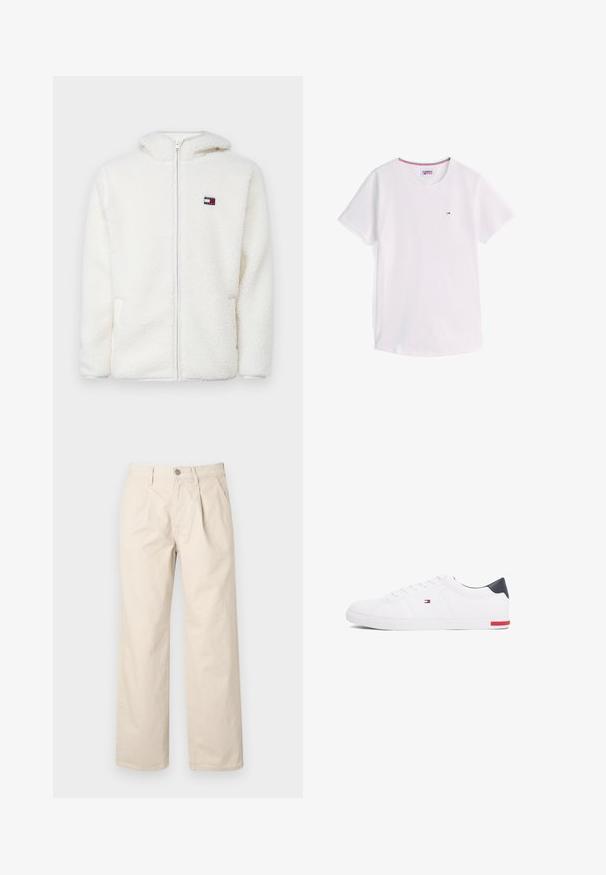 White fleece zip-up hoodie with a soft texture, featuring a hood and side pockets. Small logo on the left chest. Smooth zip closure.; White short-sleeve crew neck T-shirt with small Tommy Hilfiger logo on chest and red, white, and blue trim inside collar.; Beige wide-leg trousers with a high waist, featuring front pleats, a front button closure, and a smooth cotton fabric.; White low-top sneakers made of smooth leather. Features a navy heel cap and a red accent on the sole. Six eyelets for laces.