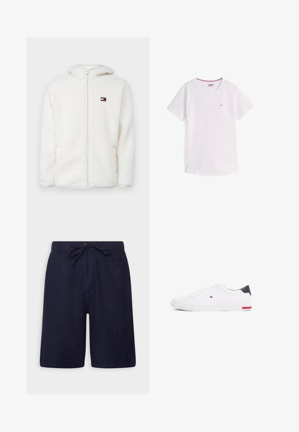 Hvit fleece zip-up hettejakke med myk tekstur, har hette og sidelommer. Liten logo på venstre bryst. Glatt glidelås-lukking.; Hvit T-skjorte med korte ermer og rund hals, med liten Tommy Hilfiger-logo på brystet og rød, hvit og blå kant innvendig i kragen.; Marineblå shorts laget av lett stoff, med snor i livet, knappelukking og sidelommer. Glatt tekstur og tilpasset passform.; Hvite lave sneakers laget av glatt lær. Har en marineblå hælhette og en rød detalj på sålen. Seks hull til lisser.