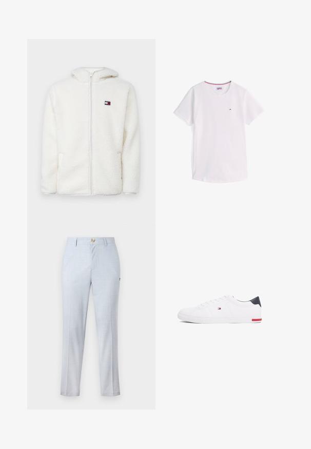 White fleece zip-up hoodie with a soft texture, featuring a hood and side pockets. Small logo on the left chest. Smooth zip closure.; White short-sleeve crew neck T-shirt with small Tommy Hilfiger logo on chest and red, white, and blue trim inside collar.; Light blue dress pants made of woven fabric, featuring a classic fit, straight leg, front pockets, and a button closure. Subtle pattern detail.; White low-top sneakers made of smooth leather. Features a navy heel cap and a red accent on the sole. Six eyelets for laces.