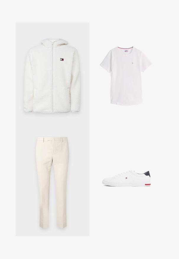 White fleece zip-up hoodie with a soft texture, featuring a hood and side pockets. Small logo on the left chest. Smooth zip closure.; White short-sleeve crew neck T-shirt with small Tommy Hilfiger logo on chest and red, white, and blue trim inside collar.; Light beige chinos made of cotton, featuring a flat front, belt loops, and side pockets. Straight leg design with a smooth texture.; White low-top sneakers made of smooth leather. Features a navy heel cap and a red accent on the sole. Six eyelets for laces.
