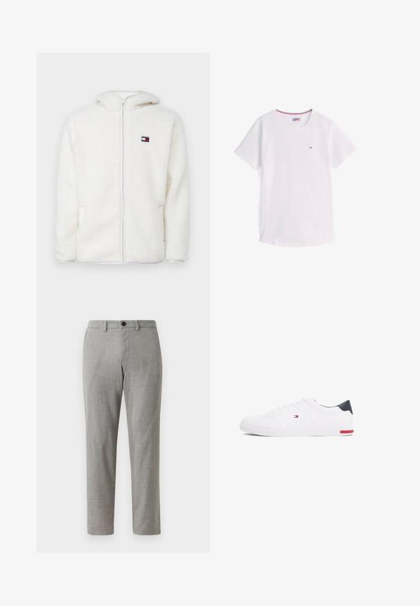 Sêda branca com fecho éclair, com uma textura suave, apresentando capuz e bolsos laterais. Pequeno logótipo no lado esquerdo do peito. Fecho éclair suave.; T-shirt branca de manga curta com decote redondo e pequeno logótipo Tommy Hilfiger no peito, com acabamento em vermelho, branco e azul no interior da gola.; Calças cinzentas em tecido entrelaçado com corte reto, apresentando fecho de botão e passantes para cinto; textura suave e tecido leve para uso casual.; Sapatilhas brancas de cano baixo feitas de couro liso. Apresentam um bico azul-marinho e um detalhe vermelho na sola. Seis ilhoses para os atacadores.