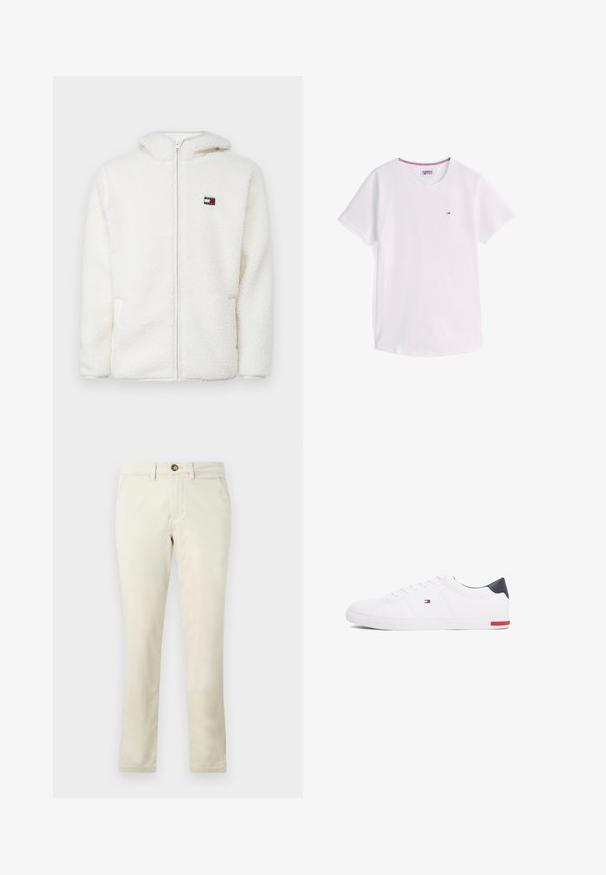 Sudadera con cremallera blanca de felpa, con una textura suave, que cuenta con una capucha y bolsillos laterales. Pequeño logo en el lado izquierdo del pecho. Cierre de cremallera suave.; Camiseta blanca de manga corta con cuello redondo y pequeño logo de Tommy Hilfiger en el pecho, con ribete rojo, blanco y azul en el interior del cuello.; Chinos de algodón beige con un diseño de pierna recta, que presentan un cierre frontal con botón, dos bolsillos laterales y una tela suave, ligeramente texturizada.; Zapatillas bajas blancas de piel suave. Presentan una capucha en el talón de color marino y un acento rojo en la suela. Seis ojales para los cordones.