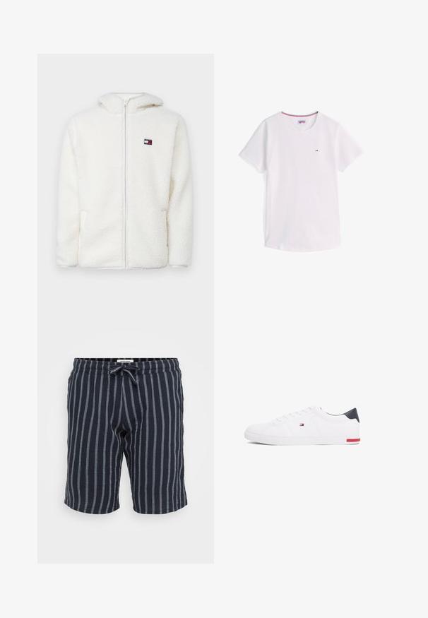 Weißer Fleece-Zip-Hoodie mit weicher Textur, ausgestattet mit einer Kapuze und seitlichen Taschen. Kleines Logo auf der linken Brust. Glatte Reißverschlussöffnung.; Weißes T-Shirt mit kurzen Ärmeln und Rundhalsausschnitt, mit kleinem Tommy Hilfiger-Logo auf der Brust und rotem, weißem und blauem Besatz im Kragen innen.; Gestreifte marineblaue Shorts aus leichtem Material, mit einem elastischen Bund und einem Kordelzug sowie vertikalen hellblauen Streifen.; Weißes Low-Top-Sneaker aus glattem Leder. Mit einem marineblauen Fersenstück und einem roten Akzent an der Sohle. Sechs Ösen für die Schnürsenkel.