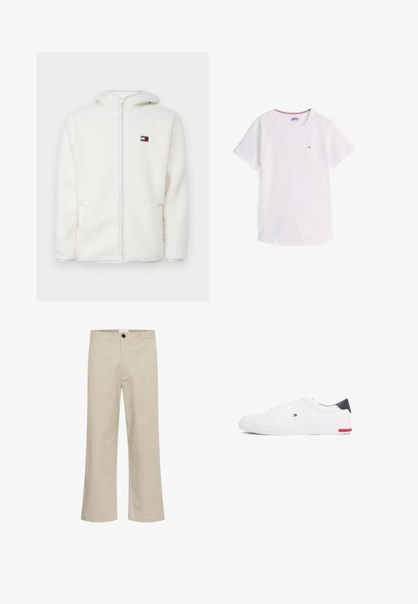 White fleece zip-up hoodie with a soft texture, featuring a hood and side pockets. Small logo on the left chest. Smooth zip closure.; White short-sleeve crew neck T-shirt with small Tommy Hilfiger logo on chest and red, white, and blue trim inside collar.; Beige wide-leg trousers made of cotton, featuring a front button closure, belt loops, and a smooth, untextured finish.; White low-top sneakers made of smooth leather. Features a navy heel cap and a red accent on the sole. Six eyelets for laces.