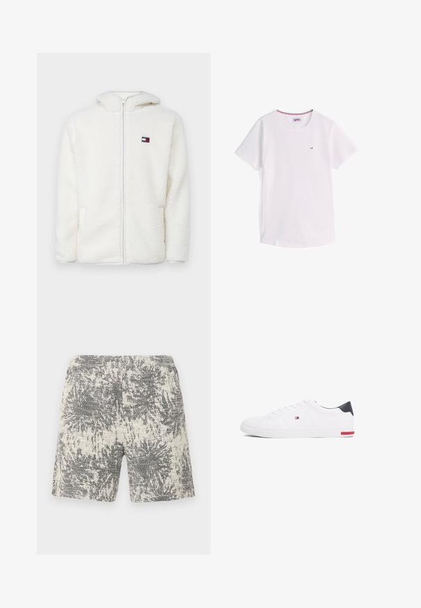 Hanorac alb din fleece, cu fermoar, având o textură moale, cu glugă și buzunare laterale. Logo mic pe pieptul stâng. Închidere cu fermoar neted.; Tricou alb cu mânecă scurtă și guler rotund, cu logo mic Tommy Hilfiger pe piept și margine roșie, albă și albastră în interiorul gulerului.; Pantaloni scurți tricotati în crem și negru, cu un model abstract texturat. Talie elastică pentru confort și ușurință în purtare.; Adidași albi cu vârf jos, din piele netedă. Prezintă un toc albastru marine și un accent roșu pe talpă. Șase gauri pentru șireturi.