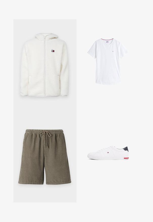 Hanorac alb din fleece, cu fermoar, având o textură moale, cu glugă și buzunare laterale. Logo mic pe pieptul stâng. Închidere cu fermoar neted.; Tricou alb din bumbac, cu gât rotund, mâneci scurte și un mic logo brodat pe partea stângă a pieptului. Are margini de culoare contrastantă la gât.; Shorts din bumbac corduroy de culoare verde măslin, cu dungi verticale texturate, talie elastică și șnur reglabil pentru confort.; Adidași albi cu vârf jos, din piele netedă. Prezintă un toc albastru marine și un accent roșu pe talpă. Șase gauri pentru șireturi.
