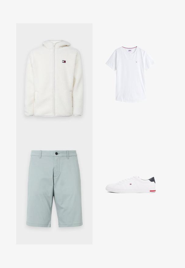 Fehér bolyhos zipzáras kapucnis pulóver, puha tapintással, kapucnival és oldalsó zsebekkel. Kis logó a bal mellen. Sima zipzáras záródás.; Fehér pamut póló kerek nyakkal, rövid ujjakkal, és egy kis hímzett logóval a bal mellen. A nyakrészen kontrasztos színű díszítés található.; Világos teal színű, sima anyagból készült rövidnadrág, lapos elülső résszel, két oldalsó zsebből és egy gombos zárással. Tiszta, igényes dizájn.; Fehér alacsony szárú sneaker sima bőrből. Tengerészkék sarokvédővel és piros díszítéssel a talpon. Hat fűzőlyuk a fűzők számára.