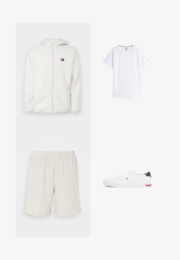 White fleece zip-up hoodie with a soft texture, featuring a hood and side pockets. Small logo on the left chest. Smooth zip closure.; White cotton t-shirt with a crew neck, short sleeves, and a small embroidered logo on the left chest. Features contrasting colored trim at neckline.; Striped shorts featuring a lightweight, breathable fabric. Color is off-white with thin, vertical gray stripes. Elastic waist.; White low-top sneakers made of smooth leather. Features a navy heel cap and a red accent on the sole. Six eyelets for laces.