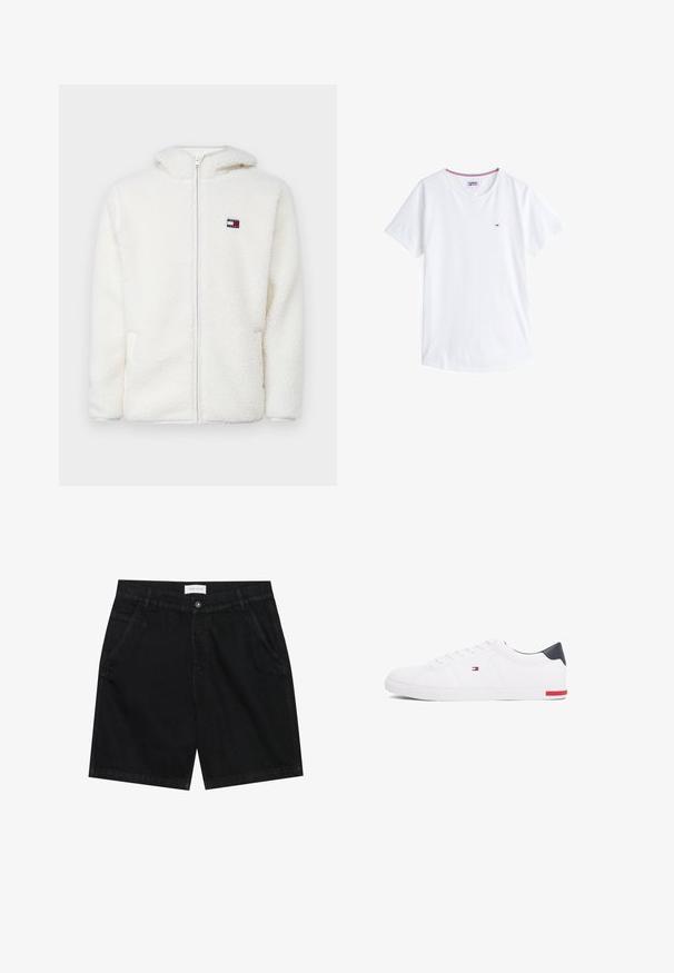 Bijela dukserica sa patentnim zatvaračem od flisa s mekom teksturom, koja ima kapuljaču i bočne džepove. Mali logo na lijevoj strani prsnog koša. Glatko zatvaranje s patentnim zatvaračem.; Bijela pamučna majica s kratkim rukavima i okruglim izrezom, s malim izvezenim logotipom na lijevoj strani prsnog koša. Ima kontrastni rub oko izreza.; Crne traperice kratke hlače klasičnog kroja, s dva prednja džepa, zatvaranjem na gumb i oznakom na struku. Teksturirana tkanina.; Bijele niske tenisice od glatke kože. Imaju mornarsko plavi kapica na peti i crvenu akciju na potplatu. Šest rupica za vezivanje.