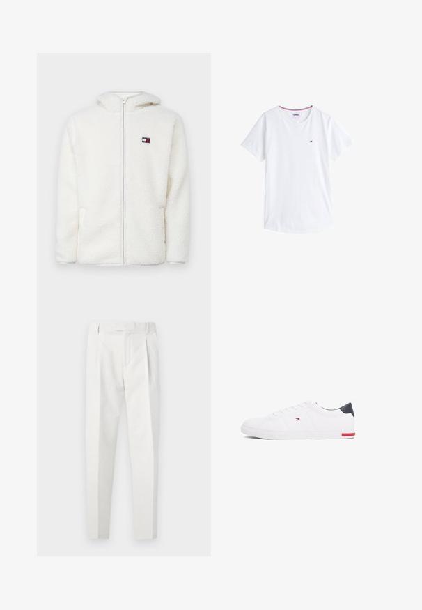 White fleece zip-up hoodie with a soft texture, featuring a hood and side pockets. Small logo on the left chest. Smooth zip closure.; White cotton t-shirt with a crew neck, short sleeves, and a small embroidered logo on the left chest. Features contrasting colored trim at neckline.; White trousers with a textured finish, featuring a flat front with pleats, a streamlined cut, and a smooth waistband.; White low-top sneakers made of smooth leather. Features a navy heel cap and a red accent on the sole. Six eyelets for laces.