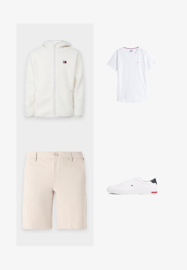 Biely fleecový zipsový mikina s jemnou textúrou, s kapucňou a bočnými vreckami. Malé logo na ľavej hrudi. Hladký zipsový uzáver.; Biely bavlnený tričko s okrúhlym výstrihom, krátkymi rukávmi a malým vyšívaným logom na ľavej strane hrude. Obsahuje kontrastný farebný lem na výstrihu.; Béžové šortky z hladkej látky; majú zapínanie na gombík, pútka na opasok a čistý predný dizajn so rovnými otvormi na nohy.; Biele nízkoprevádzkové tenisky vyrobené z hladkej kože. Majú námornícke zadočnú časť a červený akcent na podrážke. Šesť dierok na šnúrky.