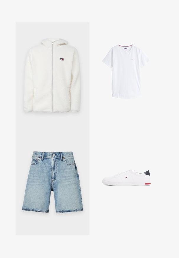 Biely fleecový zipsový mikina s jemnou textúrou, s kapucňou a bočnými vreckami. Malé logo na ľavej hrudi. Hladký zipsový uzáver.; Biely bavlnený tričko s okrúhlym výstrihom, krátkymi rukávmi a malým vyšívaným logom na ľavej strane hrude. Obsahuje kontrastný farebný lem na výstrihu.; Svetlomodré džínsy s rovnými nohavicami, piatimi vreckami a viditeľným stehom. Má predné zapínanie na gombík.; Biele nízkoprevádzkové tenisky vyrobené z hladkej kože. Majú námornícke zadočnú časť a červený akcent na podrážke. Šesť dierok na šnúrky.
