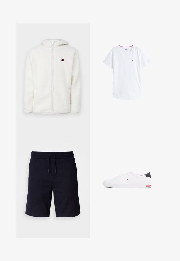 Balta pūkų zip-up gobtuvu, su minkšta tekstūra, turinčiu gobtuvą ir šonines kišenes. Mažas logotipas kairėje krūtinės pusėje. Lygus užtrauktukas.; Balta medvilninė marškinėliai su apykakle, trumpomis rankovėmis ir nedideliu siuvinėtu logotipu kairiajame krūtinės pusėje. Yra kontrastingos spalvos apdaila apykaklėje.; Tamsiai mėlynos šortai su elastine juosta ir raišteliu. Tekstūruota medžiaga su lygiu paviršiumi, su šoninėmis siūlėmis.; Balti žemi kedai, pagaminti iš lygios odos. Yra tamsiai mėlynas kulno užsegimas ir raudona detalė ant pado. Šešios skylutės raišteliams.