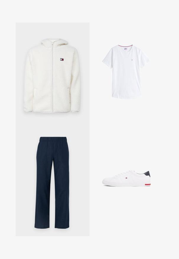 Sweat à capuche zippé en polaire blanche avec une texture douce, doté d'une capuche et de poches latérales. Petit logo sur la poitrine gauche. Fermeture éclair lisse.; T-shirt en coton blanc avec un col rond, des manches courtes et un petit logo brodé sur la poitrine gauche. Présente des bordures de couleur contrastée au niveau du col.; Pantalons larges bleu marine avec une taille élastique, comprenant deux poches avant et un tissu lisse et léger.; Baskets basses blanches en cuir lisse. Dotées d'un talon en bleu marine et d'un accent rouge sur la semelle. Six œillets pour les lacets.